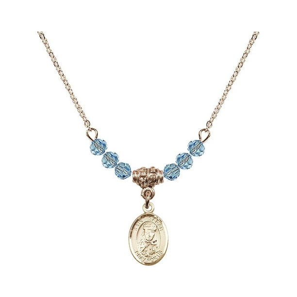 Bonyak Jewelry 18 Inch Hamilton Gold Plated Necklace w/ 4mm Blue March Birth Month Stone Beads and Saint Sarah Bonyak Jewelry 18 Inch Hamilton Gold Plated Necklace w/ 4mm Blue March Birth Month Stone Beads and Saint Sarah